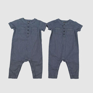 2 Tea Collection Railroad Romper Jumpsuit Baby 9-12 Month Boy Girl Blue Striped